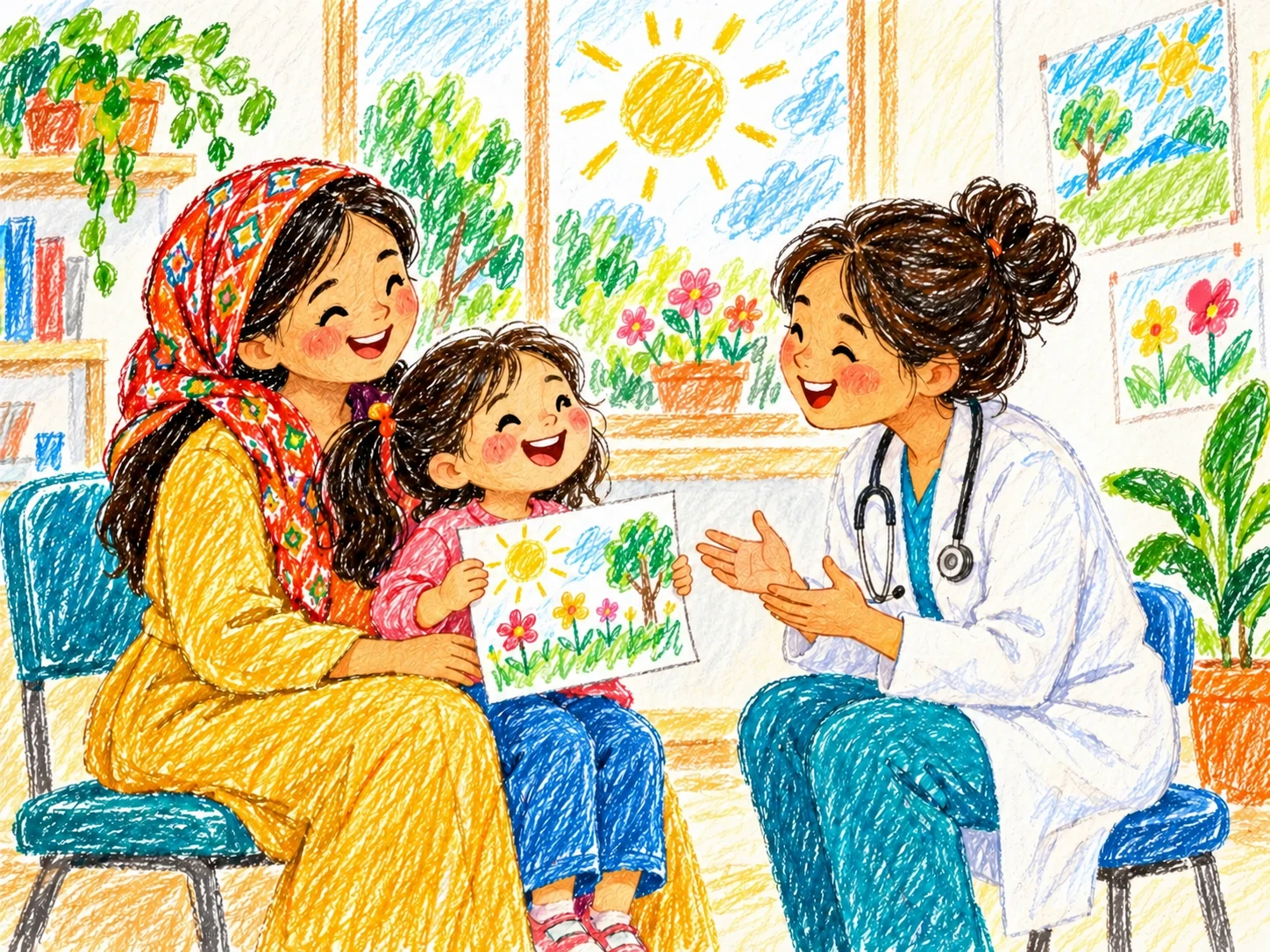 Crayon drawing of a child and mother sharing a picture with a caring doctor