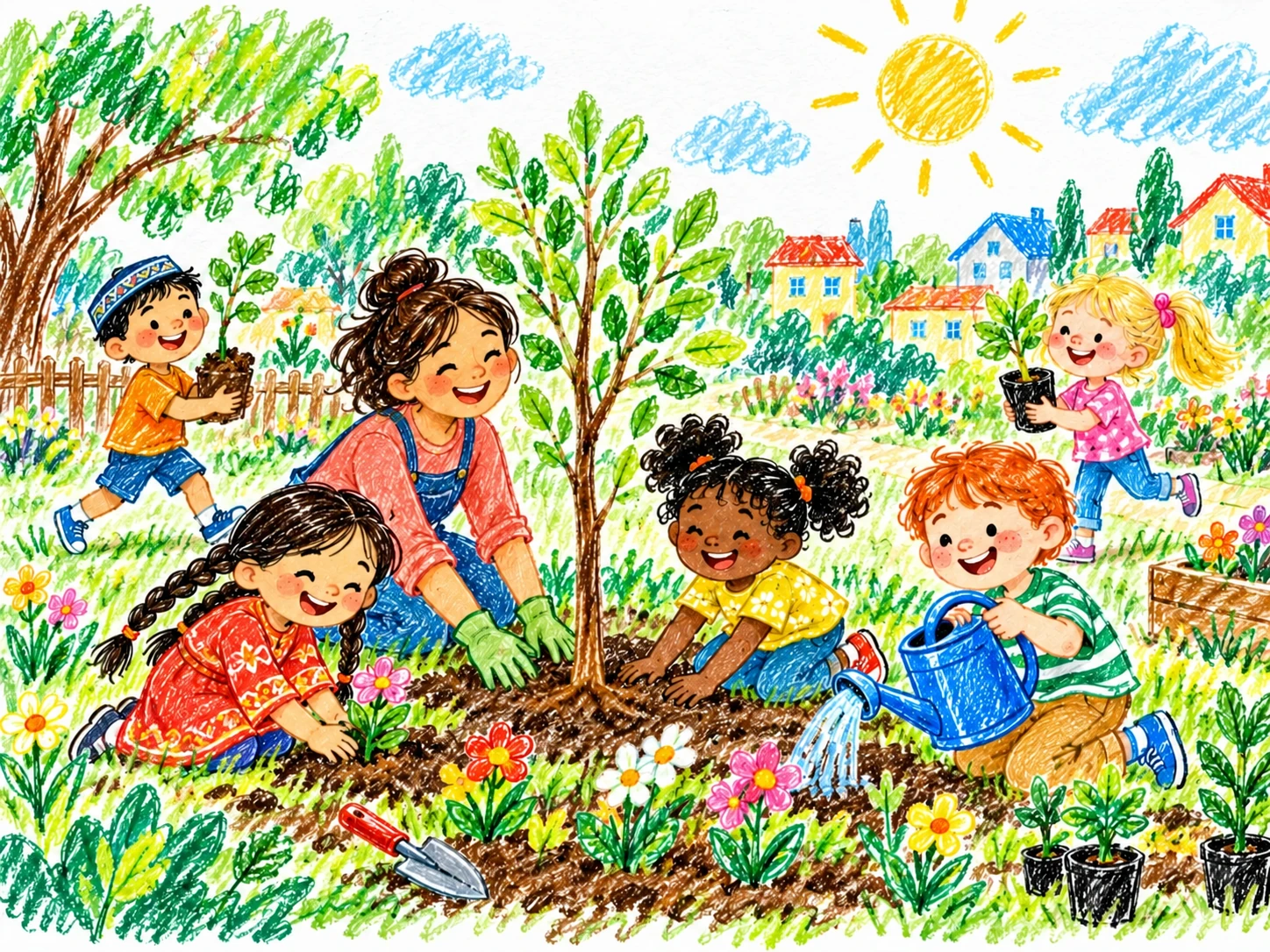 Crayon drawing of children planting flowers and a young tree together