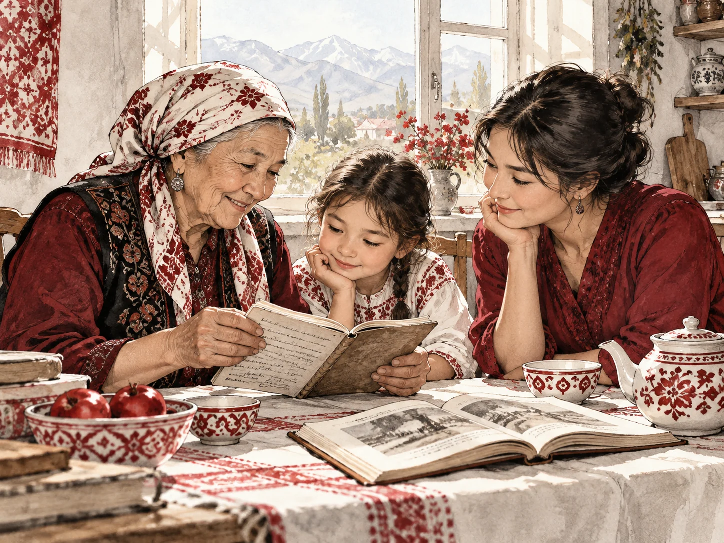 Illustration of a Central Asian family sharing a notebook across generations